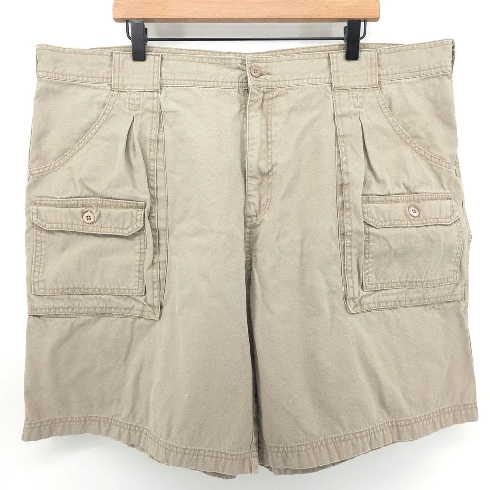 Cabelas Mens Cargo Shorts 44 Khaki Tan Pleated Cotton Canvas Rugged Hiking